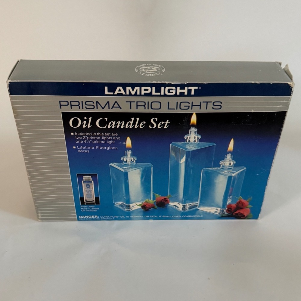 NEW VINTAGE Lamplight Prisma Trio Lights Glass Oil Candle Set NIB 3 Piece